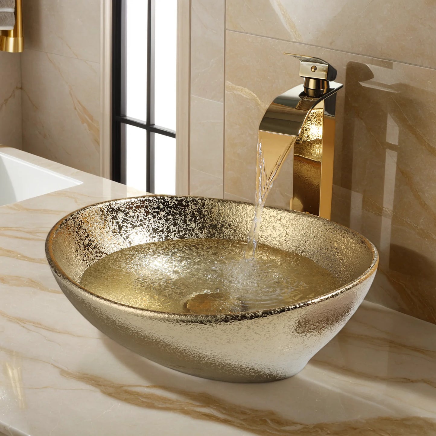 MEKKHALA Oval Vessel Sink With Faucet Ceramic Bathroom
