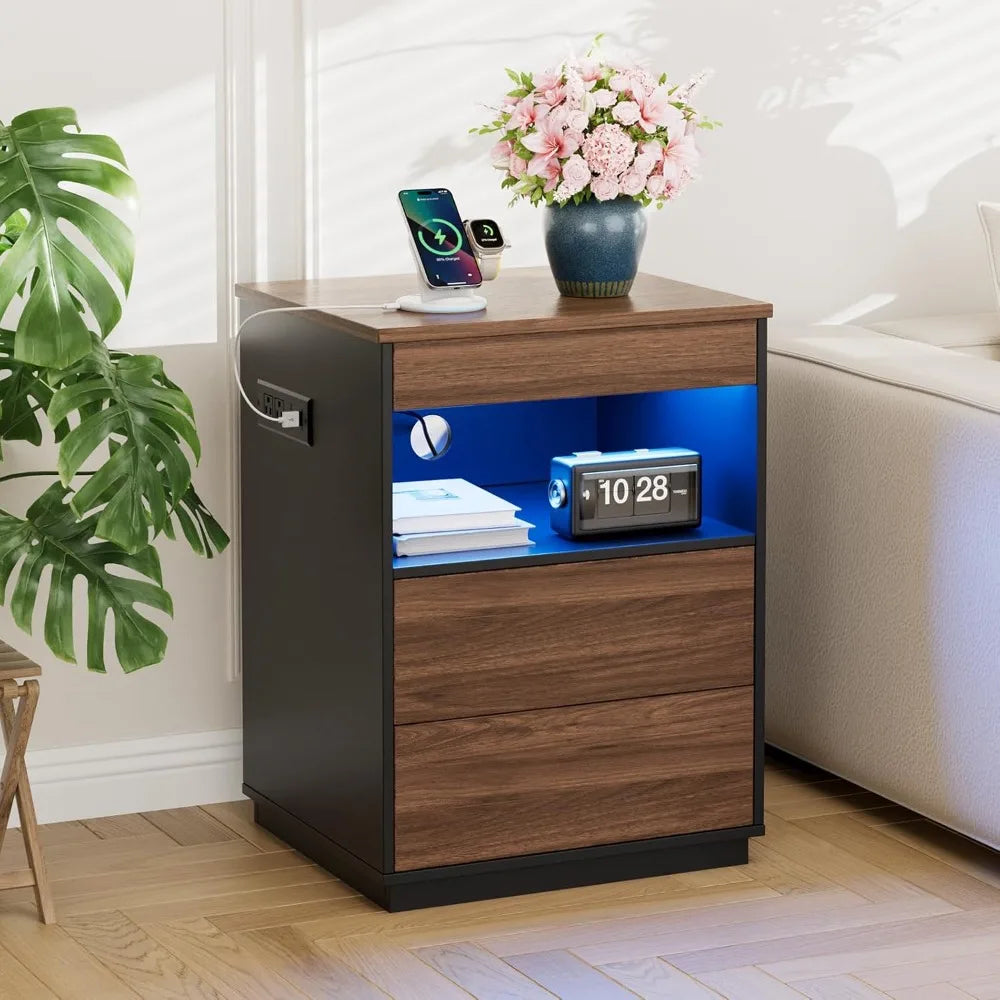 Chengwei Modern Nightstand With LED USB Charging Station Locking Drawer