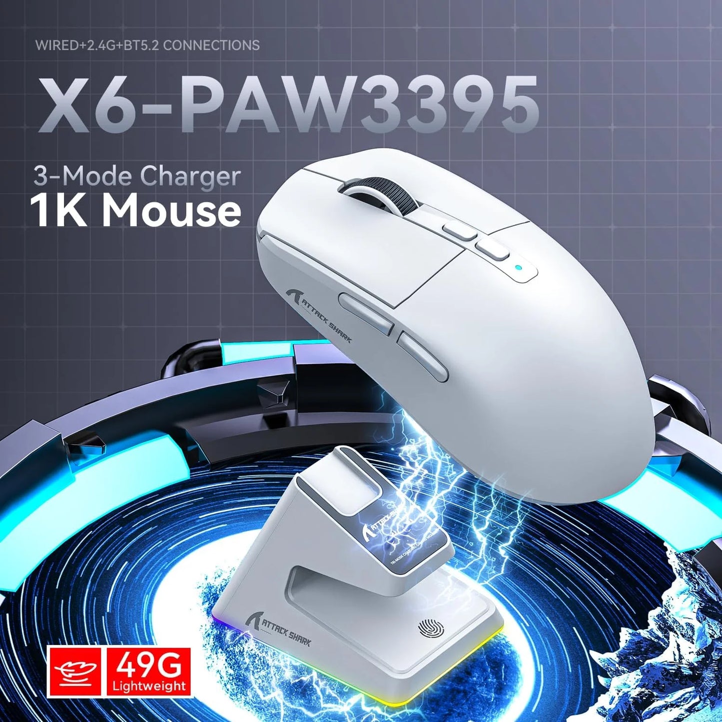 Attack Shark X6 Wireless Gaming Mouse With PAW3395 Sensor Magnetic Dock