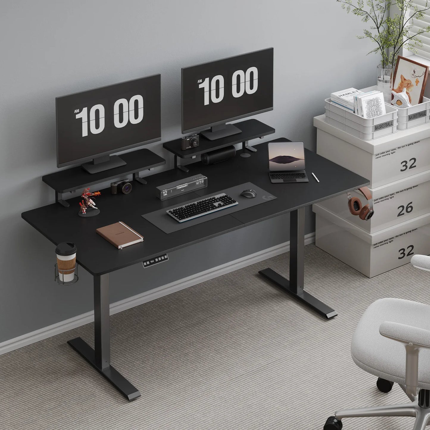 ONBRILL Electric Standing Desk With Two Monitor Shelves Memory Controller
