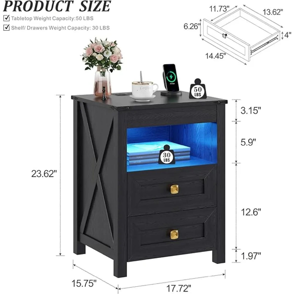 Farmhouse Nightstands Two Piece Set With Gun Drawer And LED Light