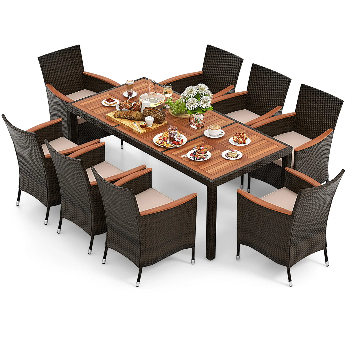 HOMASIS Outdoor Patio Wicker Dining Set With Acacia Wood Table