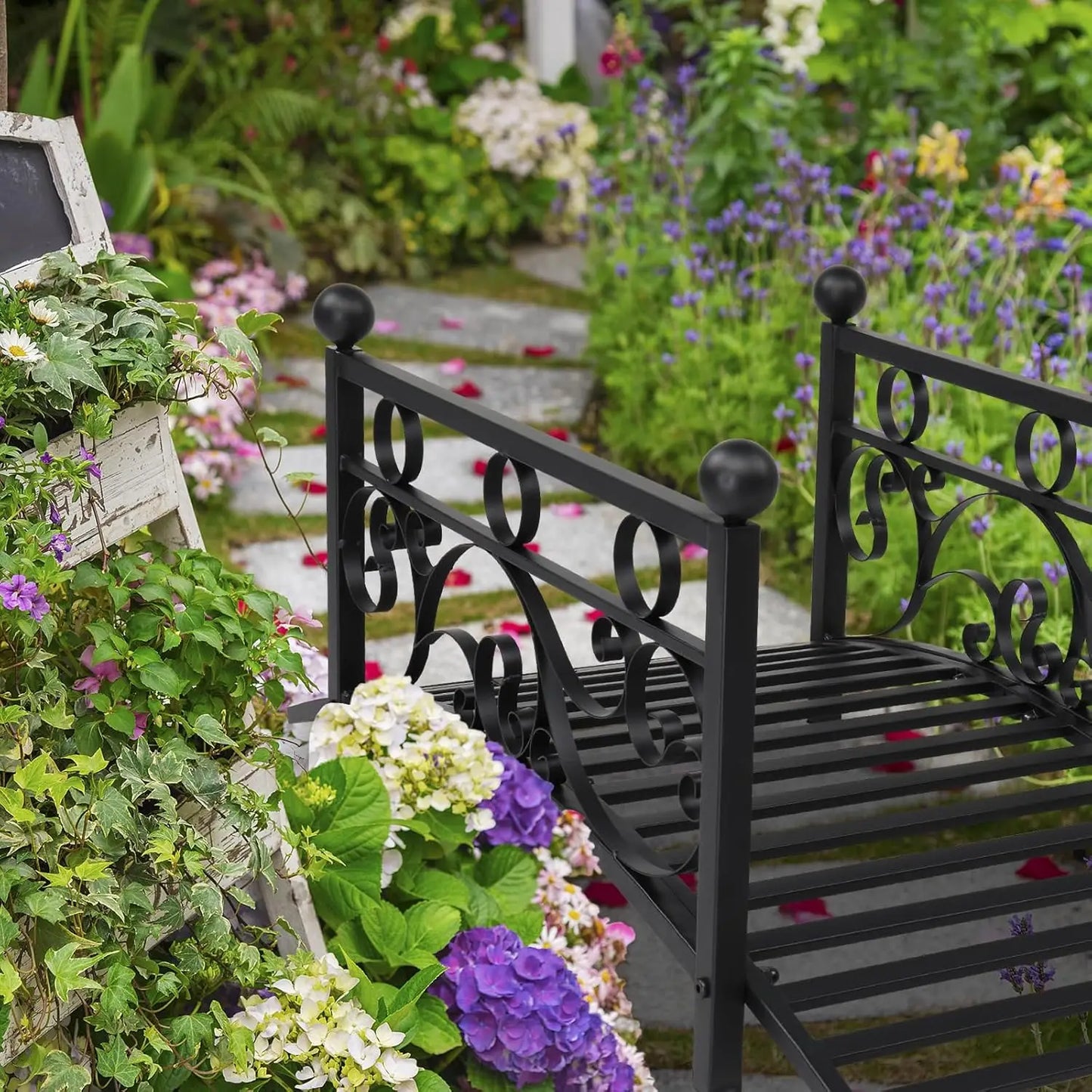 Metal Garden Bridge for Outdoor, Elegant Decorative Bridge with Powder-Coated Finish and Security Guardrail