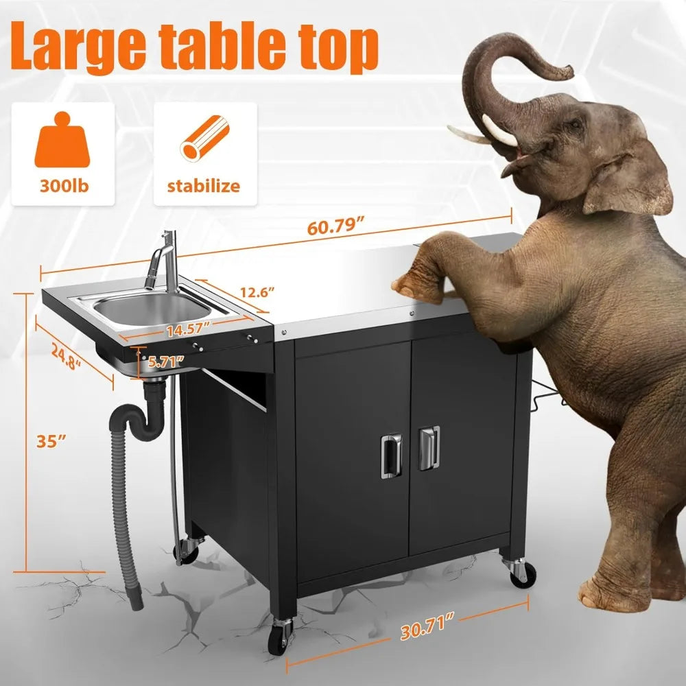 DAFIFY Outdoor Grill Table With Sink Bar Cart IslandSystem StainResistantCoatedDurable