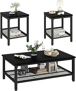 Industrial Coffee Table Set Of 3 With Metal Frame And End Side Tables