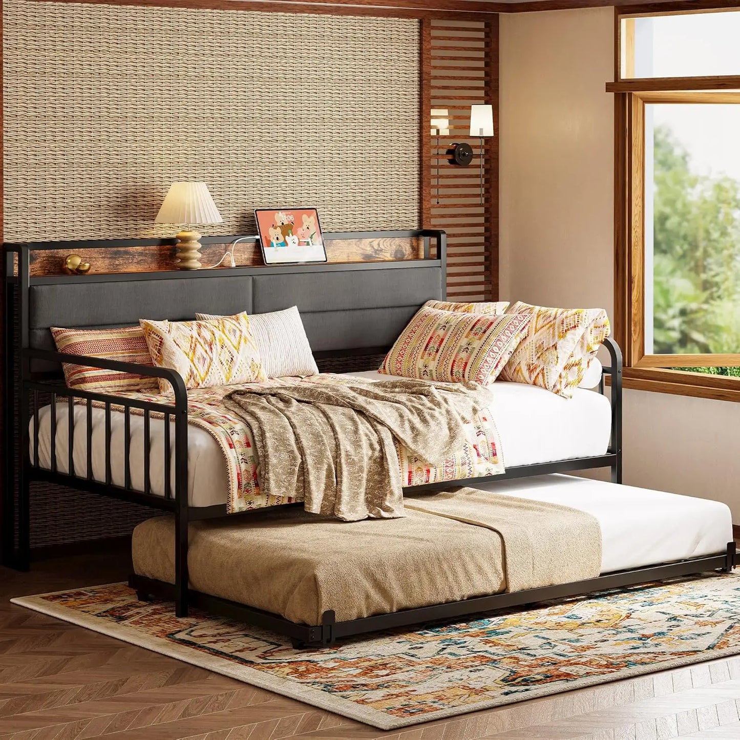 Daybed With Trundle Sturdy Metal Frame Upholstered Headboard Charging Station
