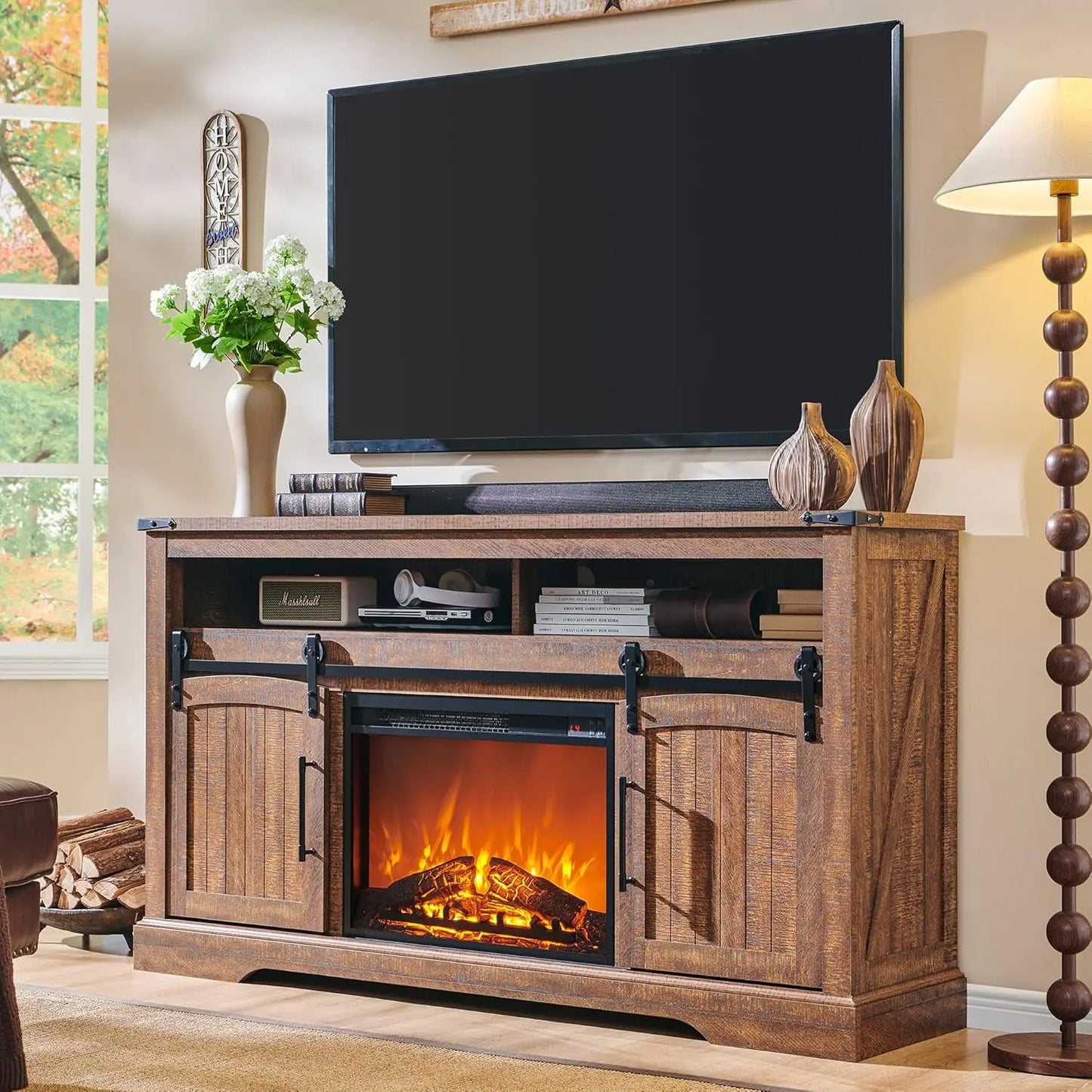 HUANZHUANG Farmhouse Fireplace TV Stand With Electric Fireplace