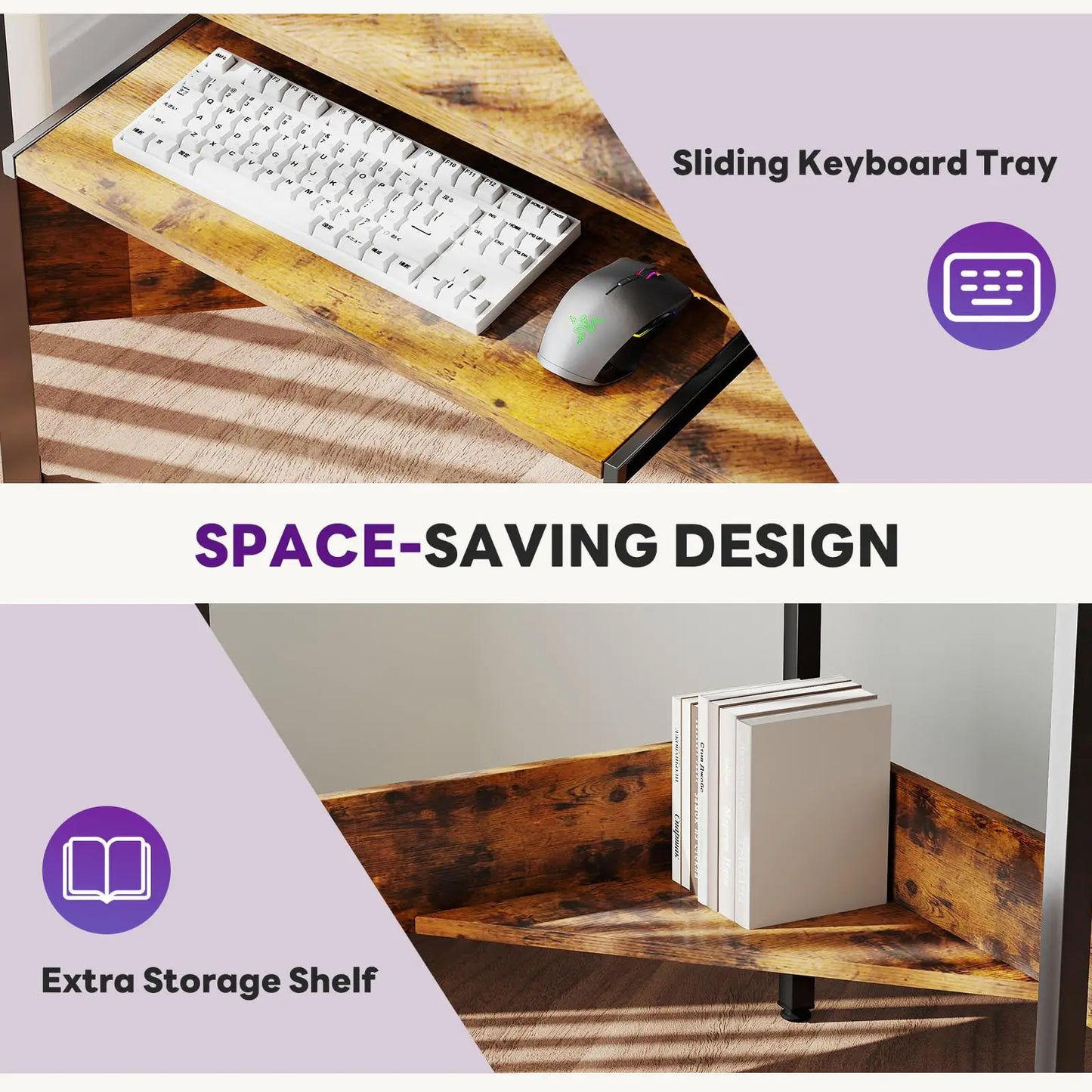 JHK L Shaped Corner Desk LED Lights And Storage Shelves