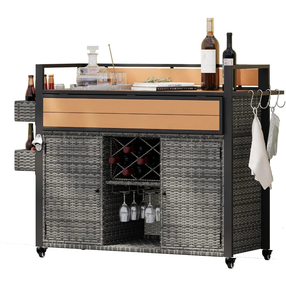 DAFIFY Wicker Outdoor Grill Cart With Extended Plastic Wood Tabletop And Rolling Kitchen Island