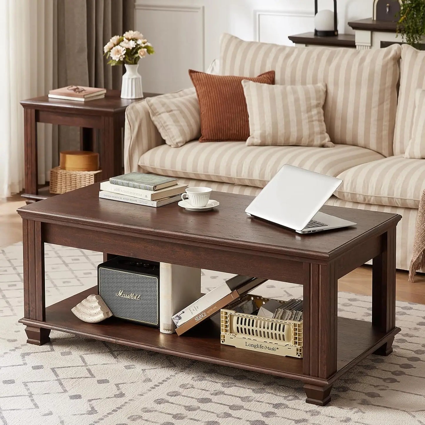 HUANZHUANG Farmhouse Coffee Table For Living Room With Open Storage