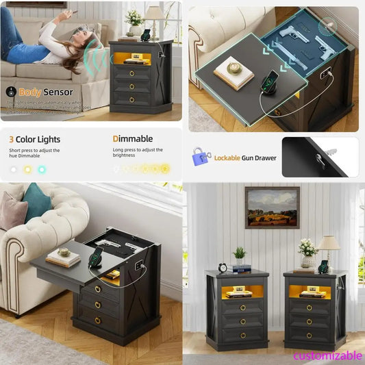 XMSJ Nightstands With Hidden Gun Compartment And USB Charging Port