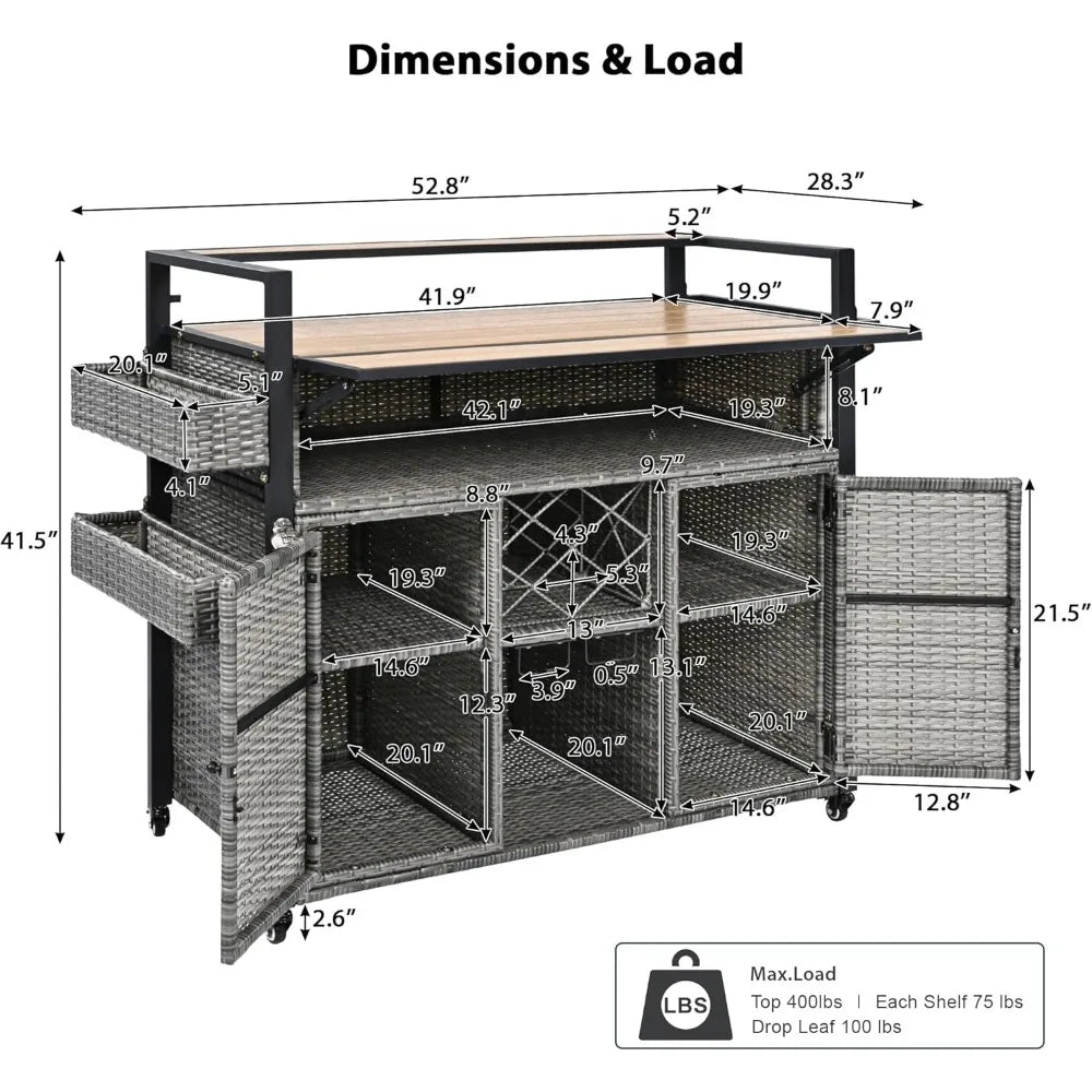 DAFIFY Wicker Outdoor Grill Cart With Extended Plastic Wood Tabletop And Rolling Kitchen Island