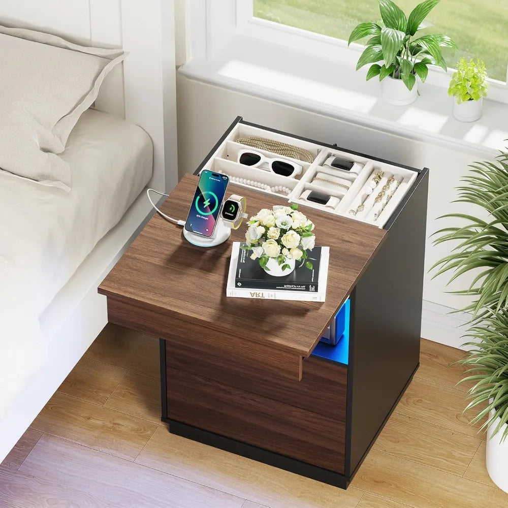Chengwei Modern Nightstand With LED USB Charging Station Locking Drawer
