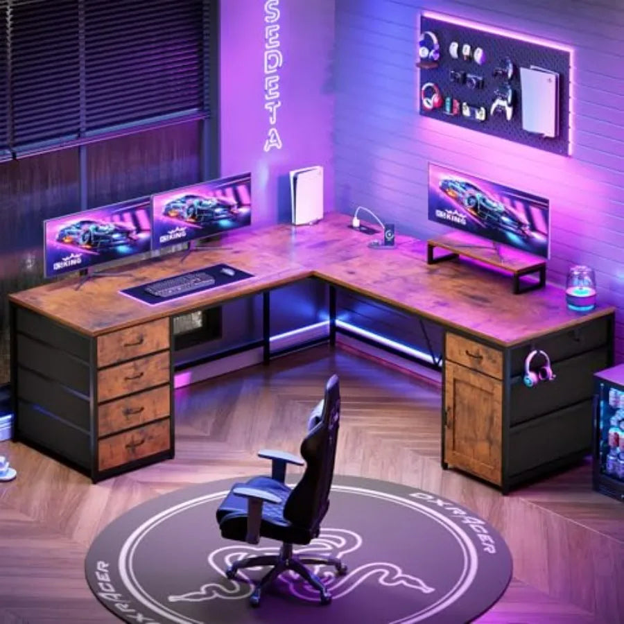 L Shaped Desk With 5 Drawer Power Outlet And Monitor