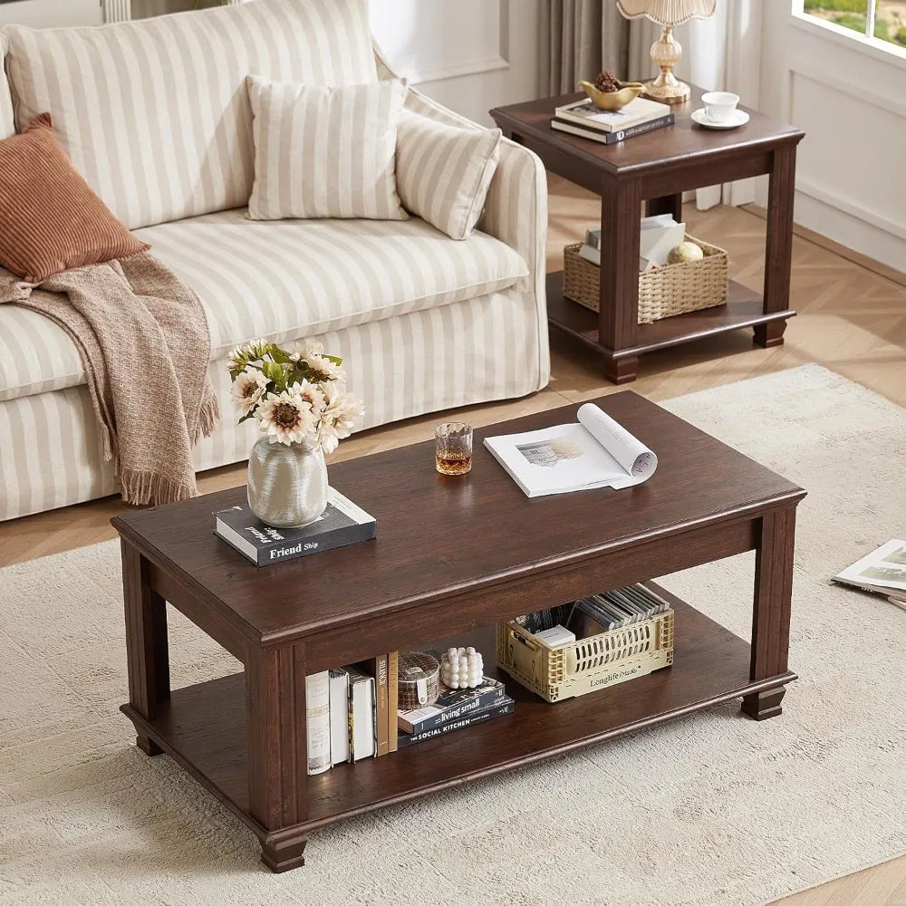 HUANZHUANG Farmhouse Coffee Table For Living Room With Open Storage