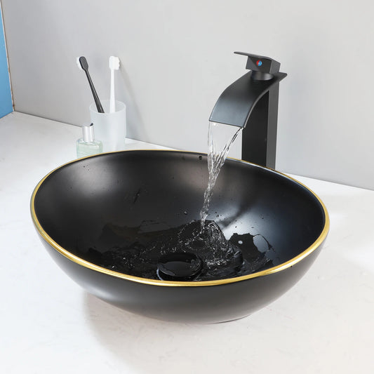 MEKKHALA Oval Vessel Sink With Faucet Ceramic Bathroom