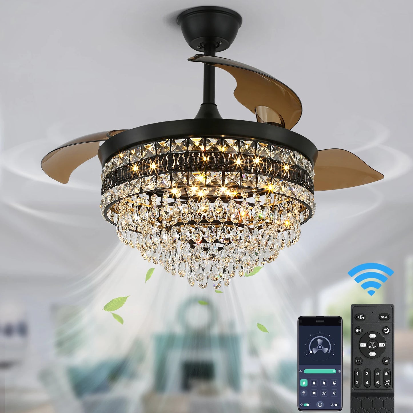 VETRULUS Modern Smart Ceiling Fan Chandelier Six Speed Remote
