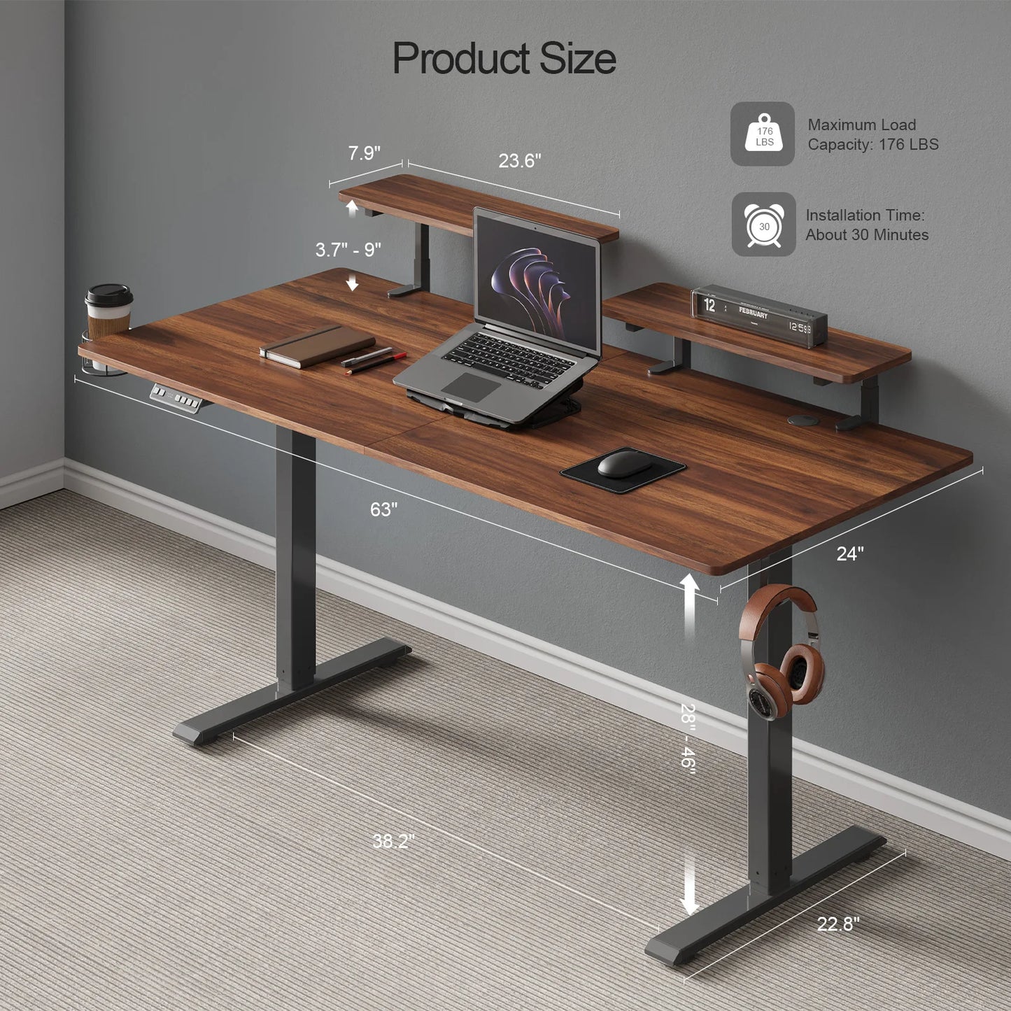 ONBRILL Electric Standing Desk With Two Monitor Shelves Memory Controller