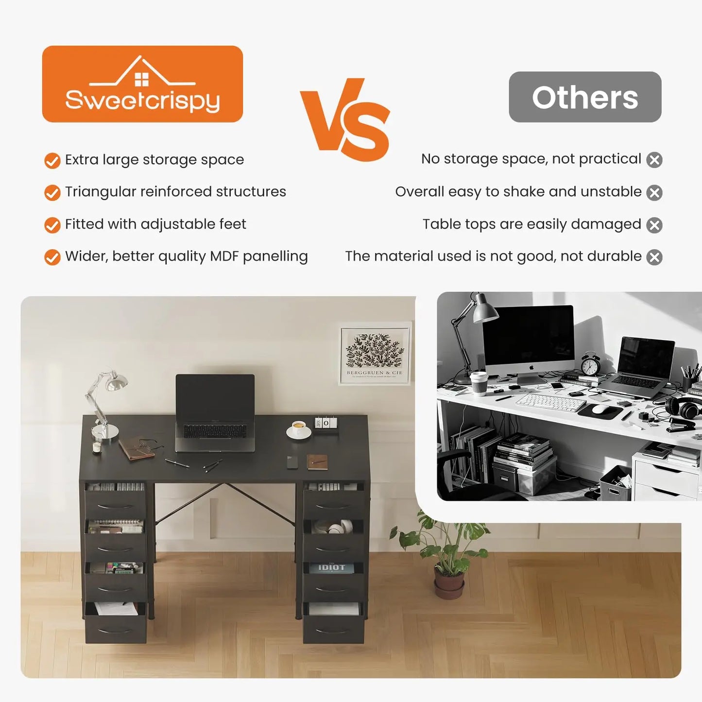 JHK Computer Desk With Fabric Drawers And X Shaped Support