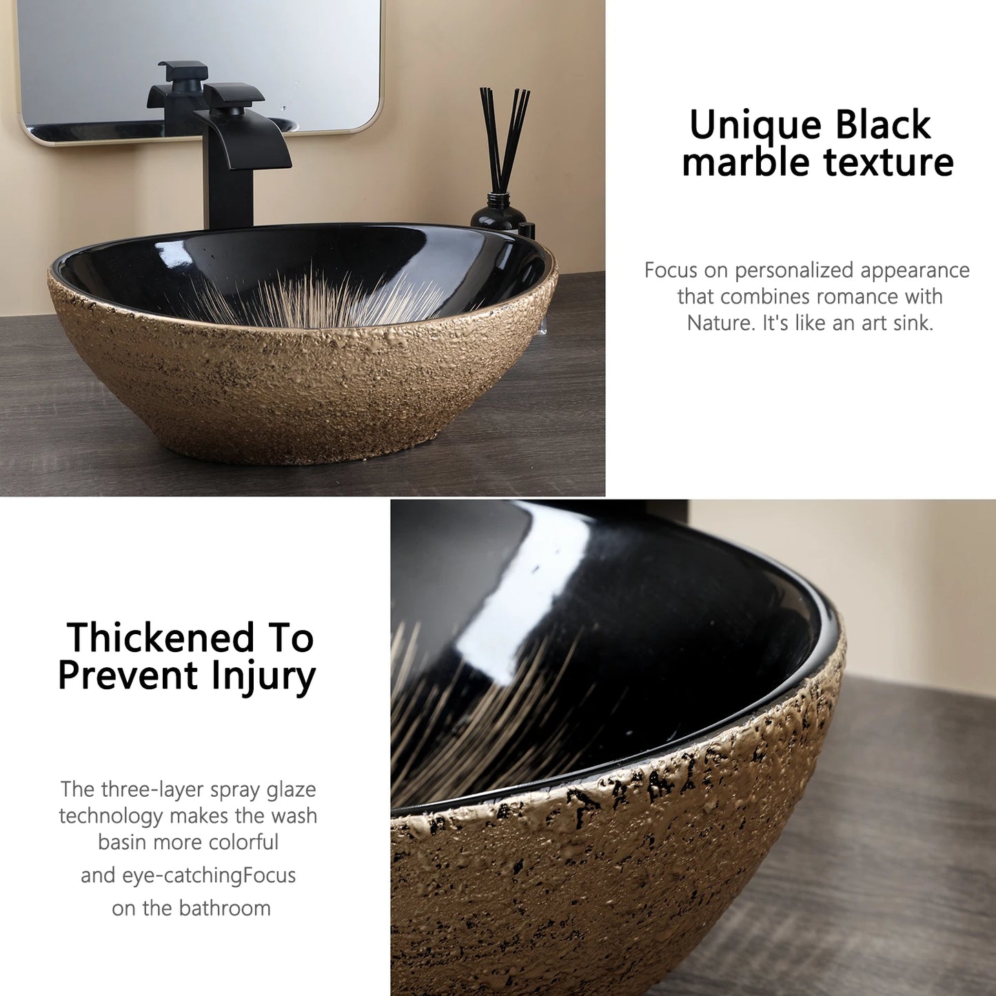 KEMAIDI Oval Vessel Sink With Faucet Ceramic Bathroom Sink Set