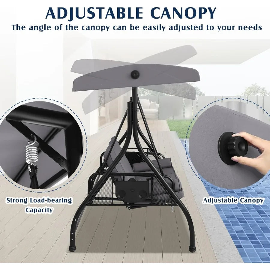 Three Person Outdoor Porch Swing With Canopy And Cup Holder