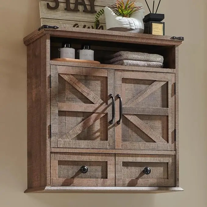 ZHUOTING Farmhouse Bathroom Wall Cabinet With Drawer Double Barn Doors