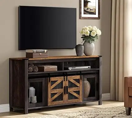 DAFIFY Farmhouse TV Stand With Sliding Barn Doors And Mesh