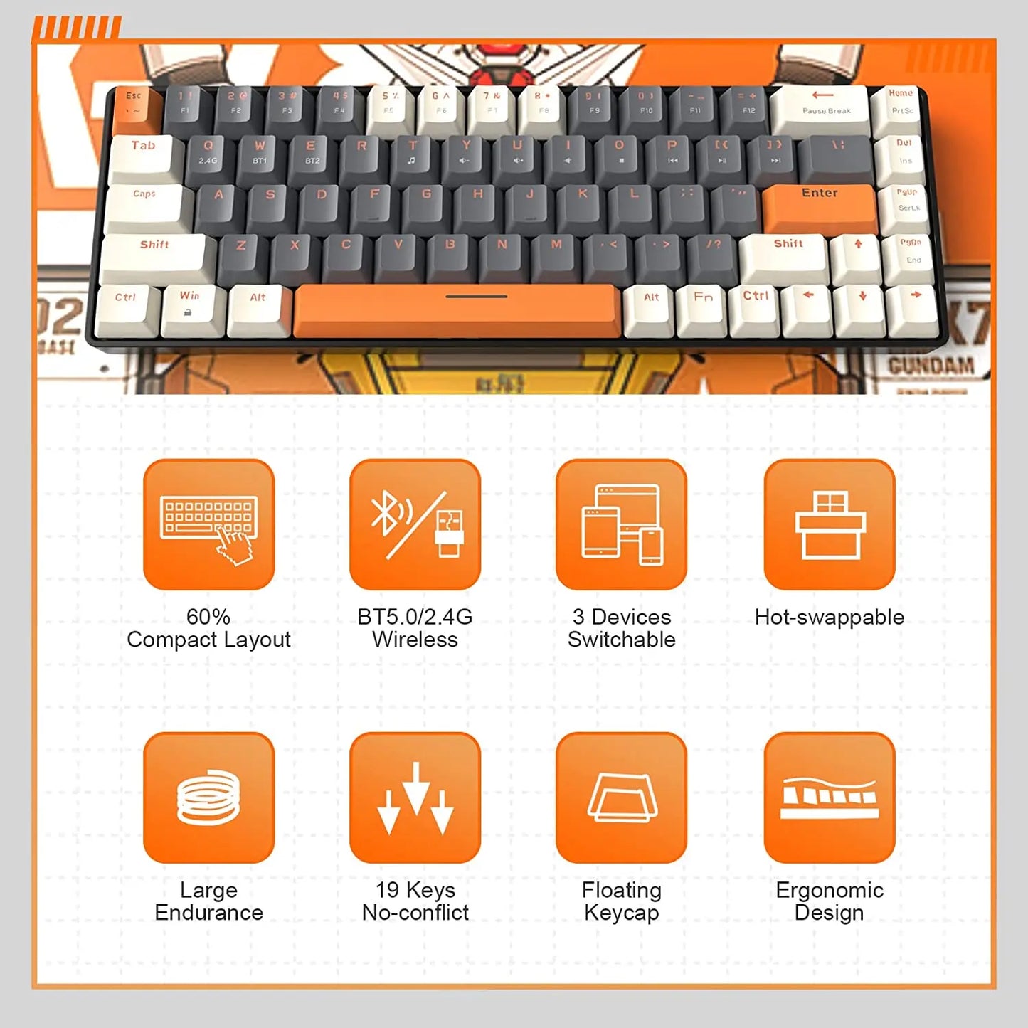 Attack Shark RK68 Wireless Mechanical Keyboard Bluetooth 5.0 2.4GHz Dual Mode