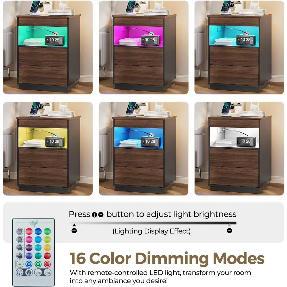 Chengwei Modern Nightstand With LED USB Charging Station Locking Drawer