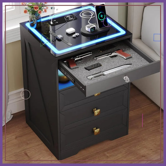 Smart Nightstand With Lockable Safe Drawer And Charging Station