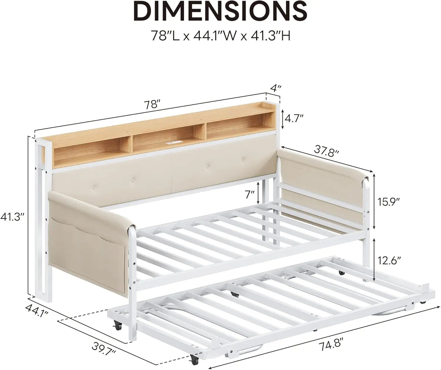 LIKIMIO Daybed With Trundle MetalFrame UpholsteredHeadboard And IntegratedChargingStation