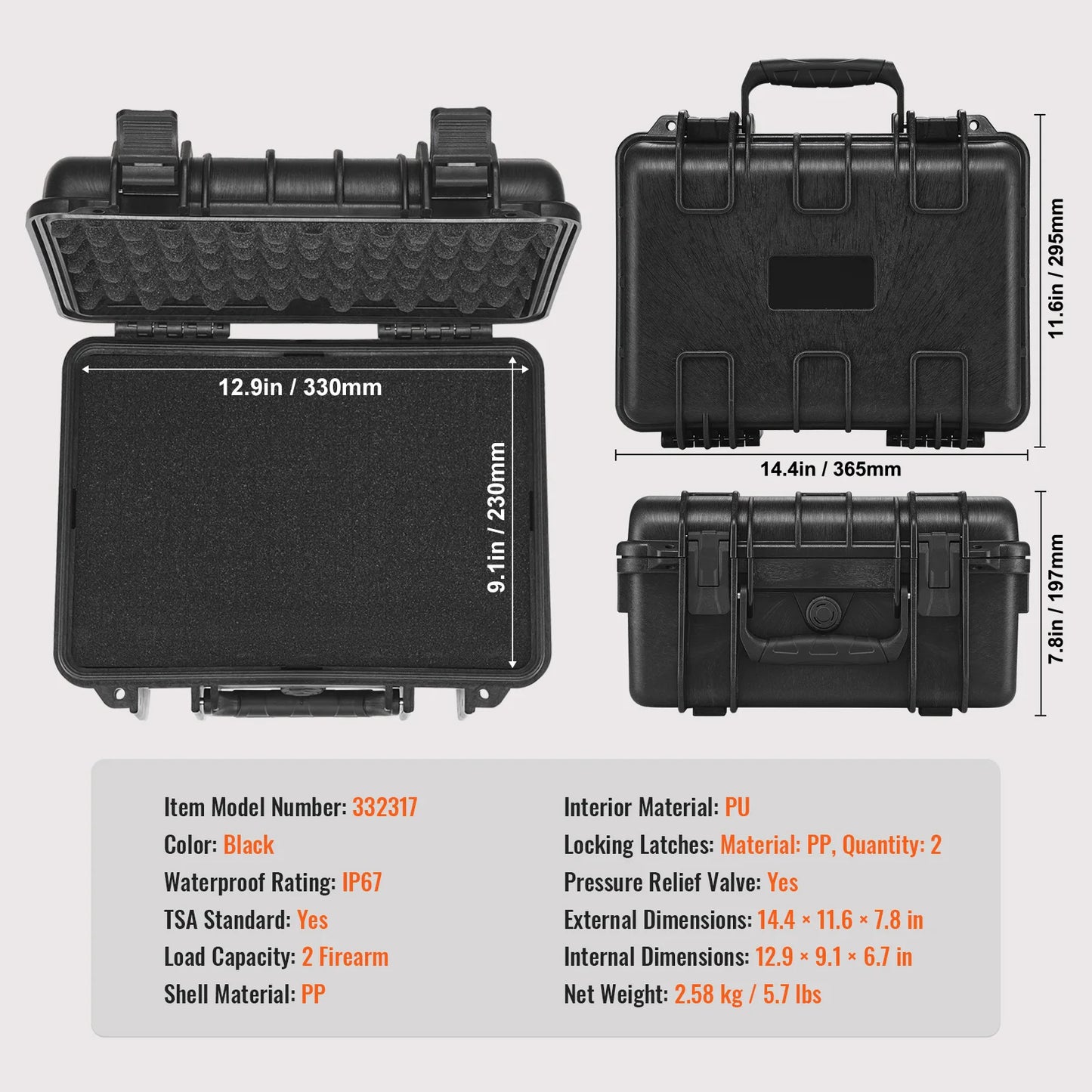 SucceBuy Hard Pistol Case With Pre Cut Foam Lining IP67 Waterproof Dustproof