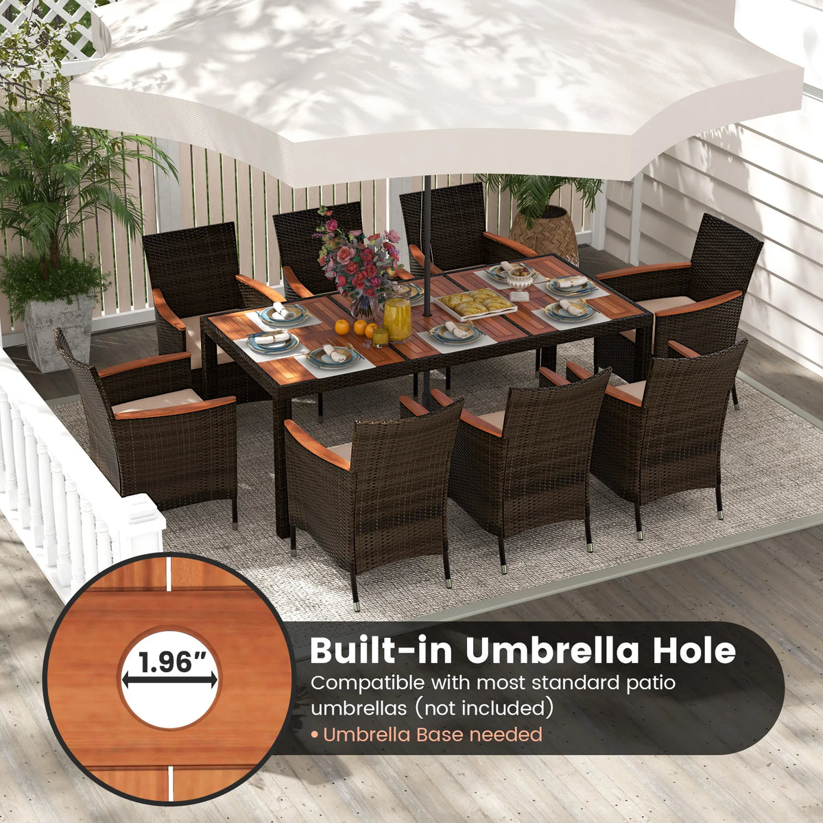 HOMASIS Outdoor Patio Wicker Dining Set With Acacia Wood Table
