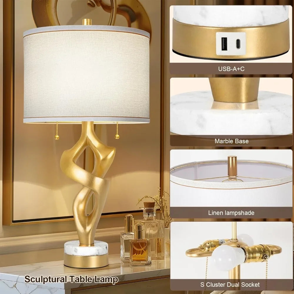 Sculptural Lamp Set Of 2 With Marble Base USB Ports