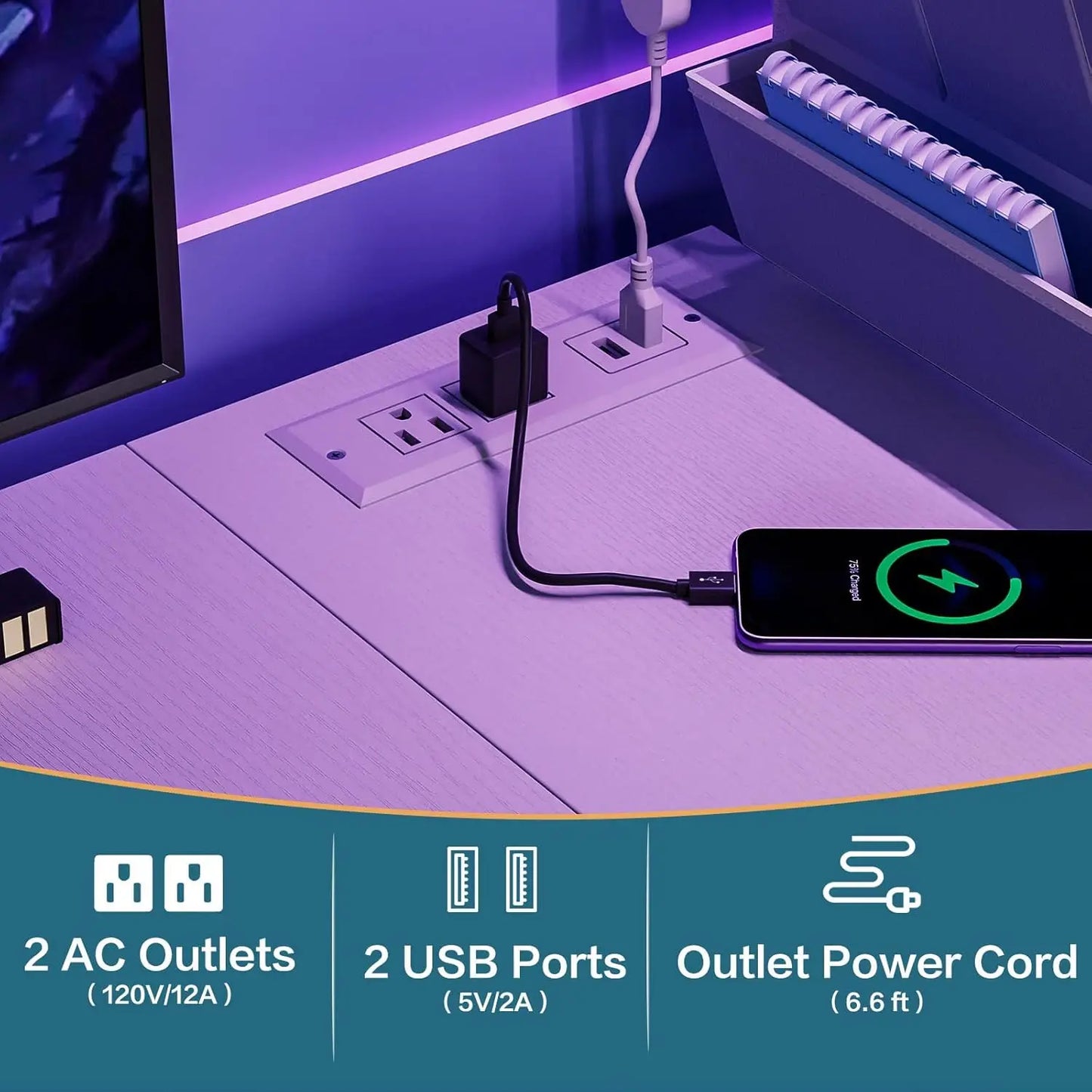 Compact Desk With LED Lighting Power Outlets And Storage