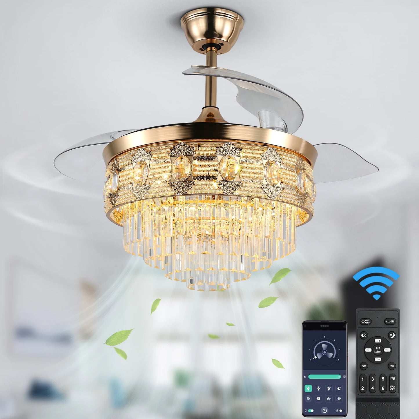VETRULUS Modern Smart Ceiling Fan Chandelier Six Speed Remote