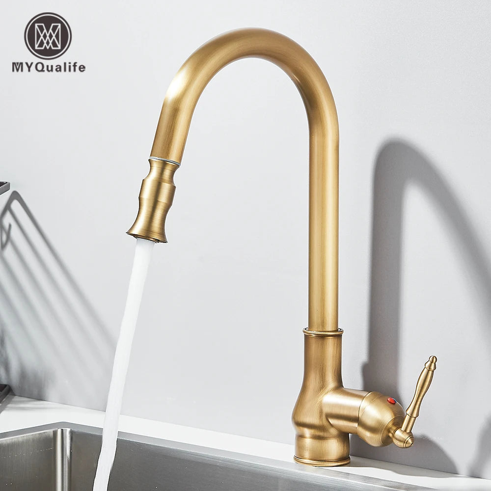 MYQualife Pull Down Kitchen Faucet Deck Mounted Hot Cold Water