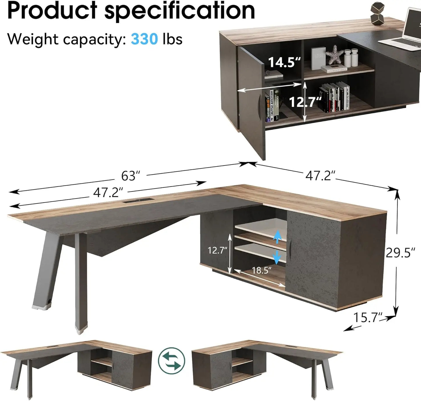 L Shaped Executive Desk With File Cabinet And Shelves Office