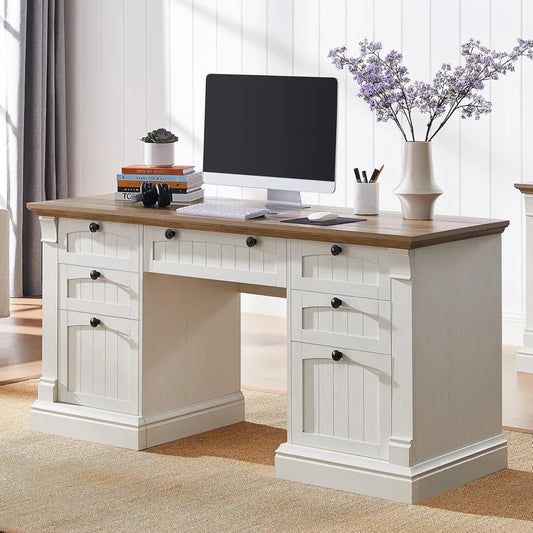 Executive Farmhouse Desk With Charging Station And Keyboard Tray