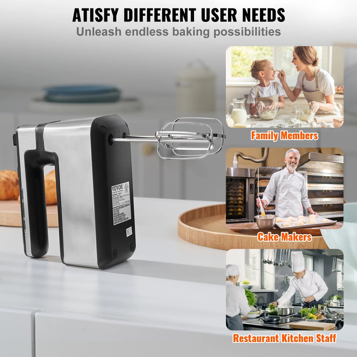 VEVOR Cordless Electric Hand Mixer Five Gear Speed 1100 RPM