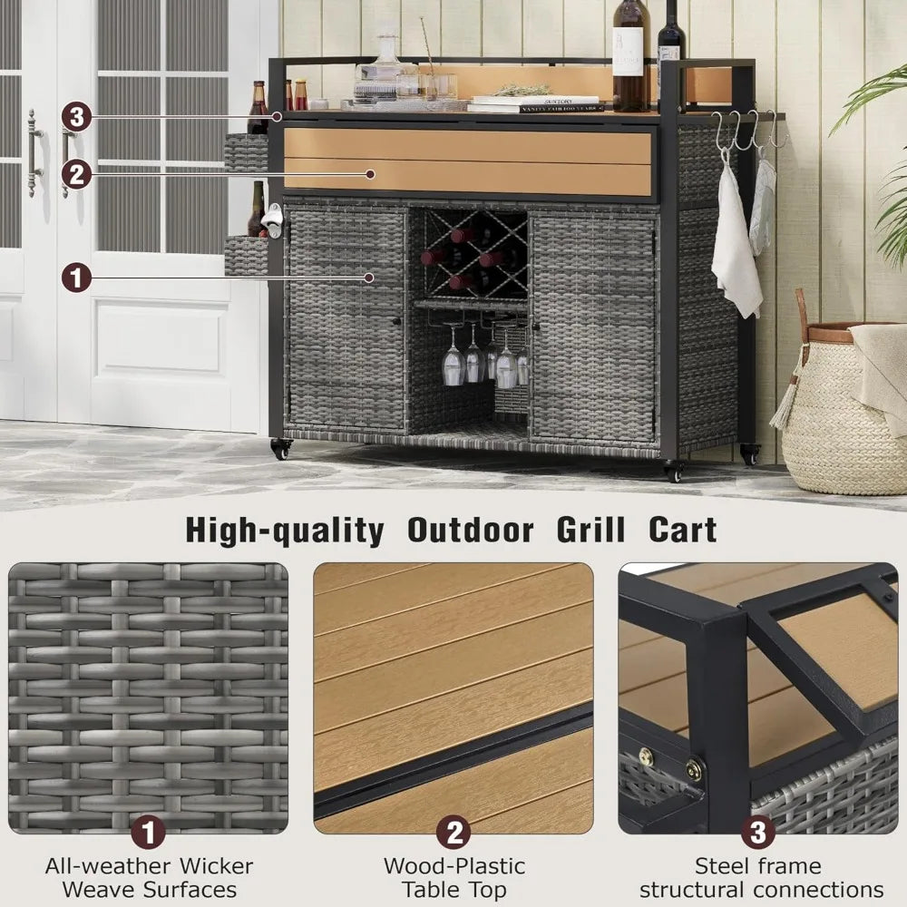 DAFIFY Wicker Outdoor Grill Cart With Extended Plastic Wood Tabletop And Rolling Kitchen Island