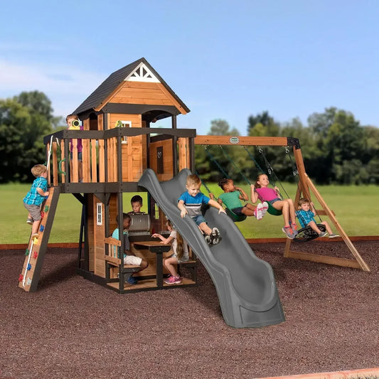 Cedar Wood Swing Set With Wave Slide Clubhouse Backyard Playset