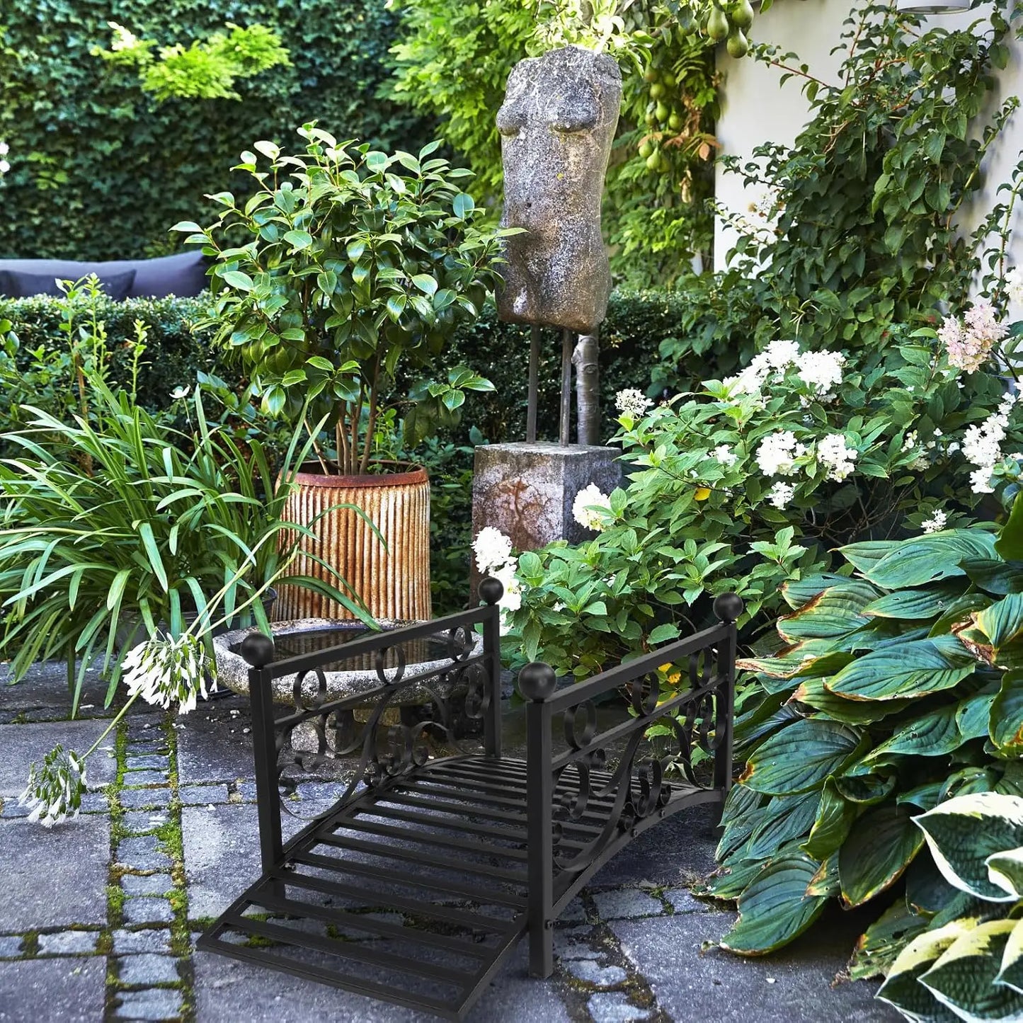 Metal Garden Bridge for Outdoor, Elegant Decorative Bridge with Powder-Coated Finish and Security Guardrail