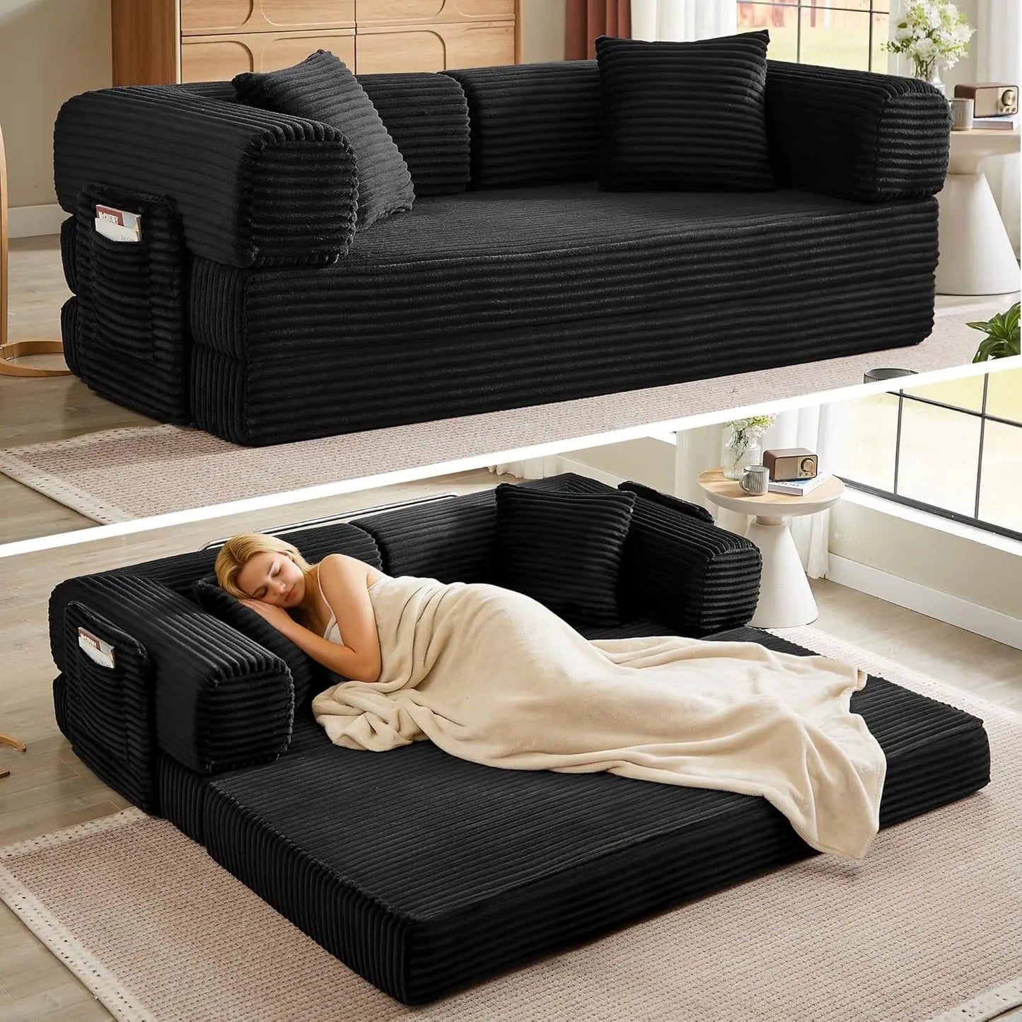 Folding Futon Sofa Bed Couch With Sleeper Corduroy Upholstered