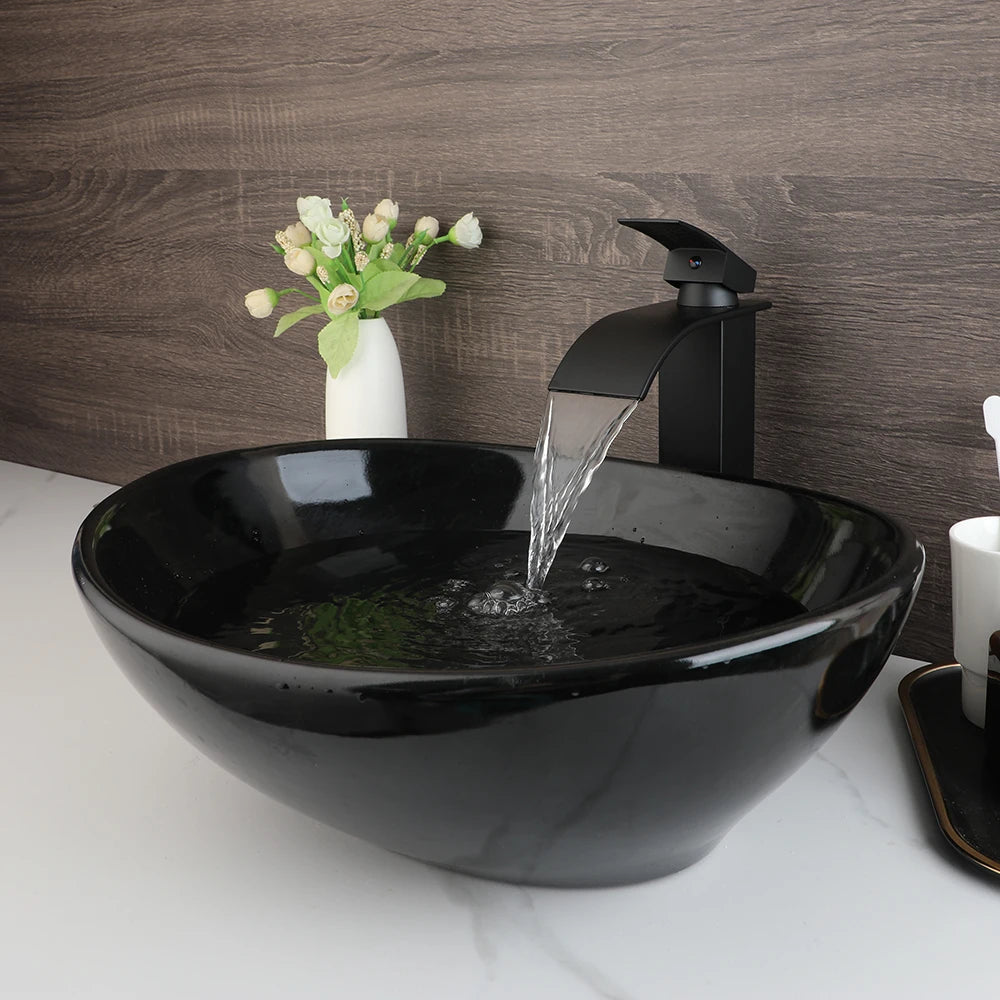 KEMAIDI Oval Vessel Sink With Faucet Ceramic Bathroom Sink Set