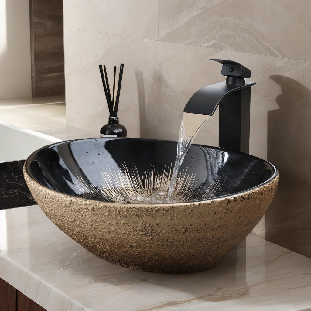 KEMAIDI Oval Vessel Sink With Faucet Ceramic Bathroom Sink Set