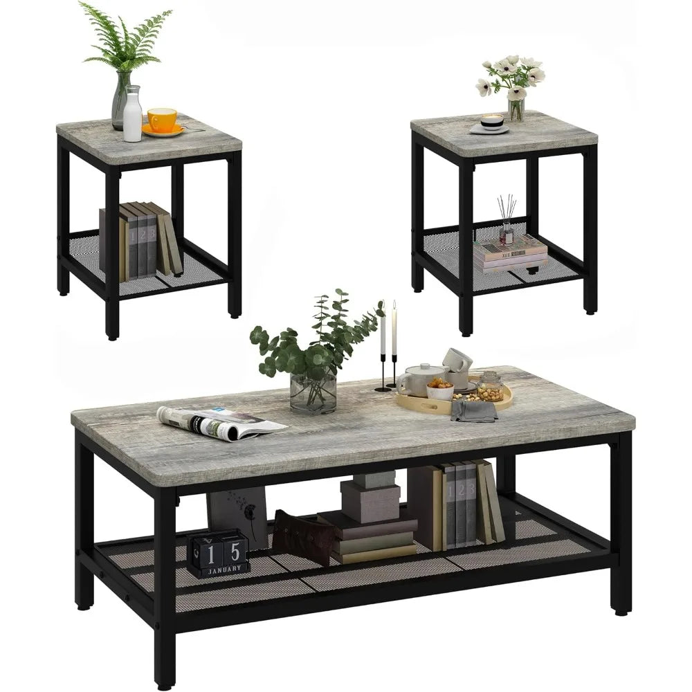 Industrial Coffee Table Set Of 3 With Metal Frame And End Side Tables