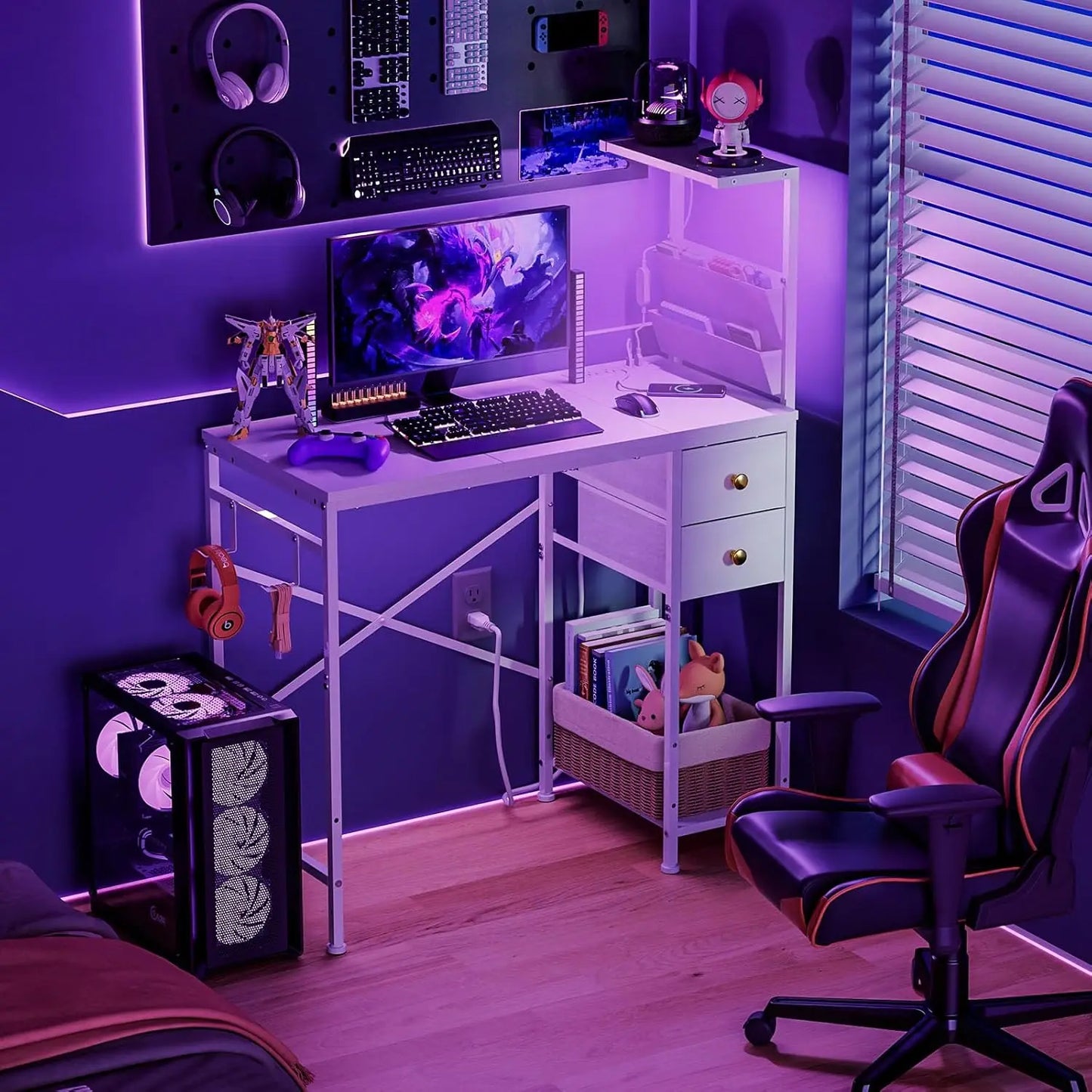 Compact Desk With LED Lighting Power Outlets And Storage
