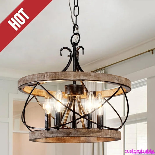 Customizable 5 Light Farmhouse Wood Chandelier Fixture