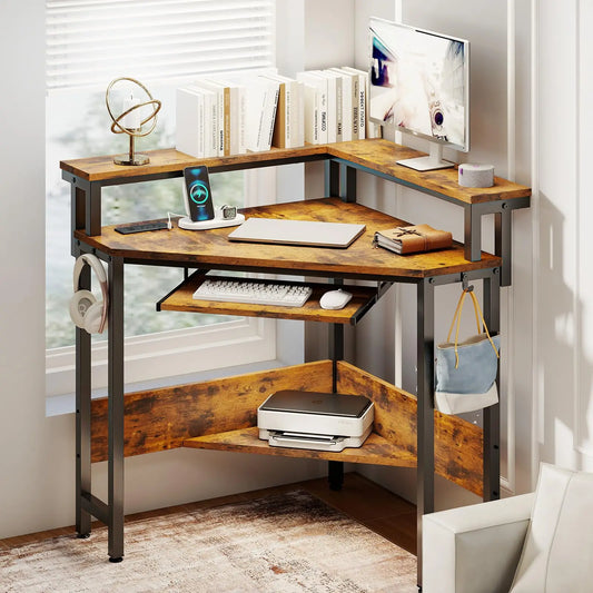 JHK L Shaped Corner Desk LED Lights And Storage Shelves